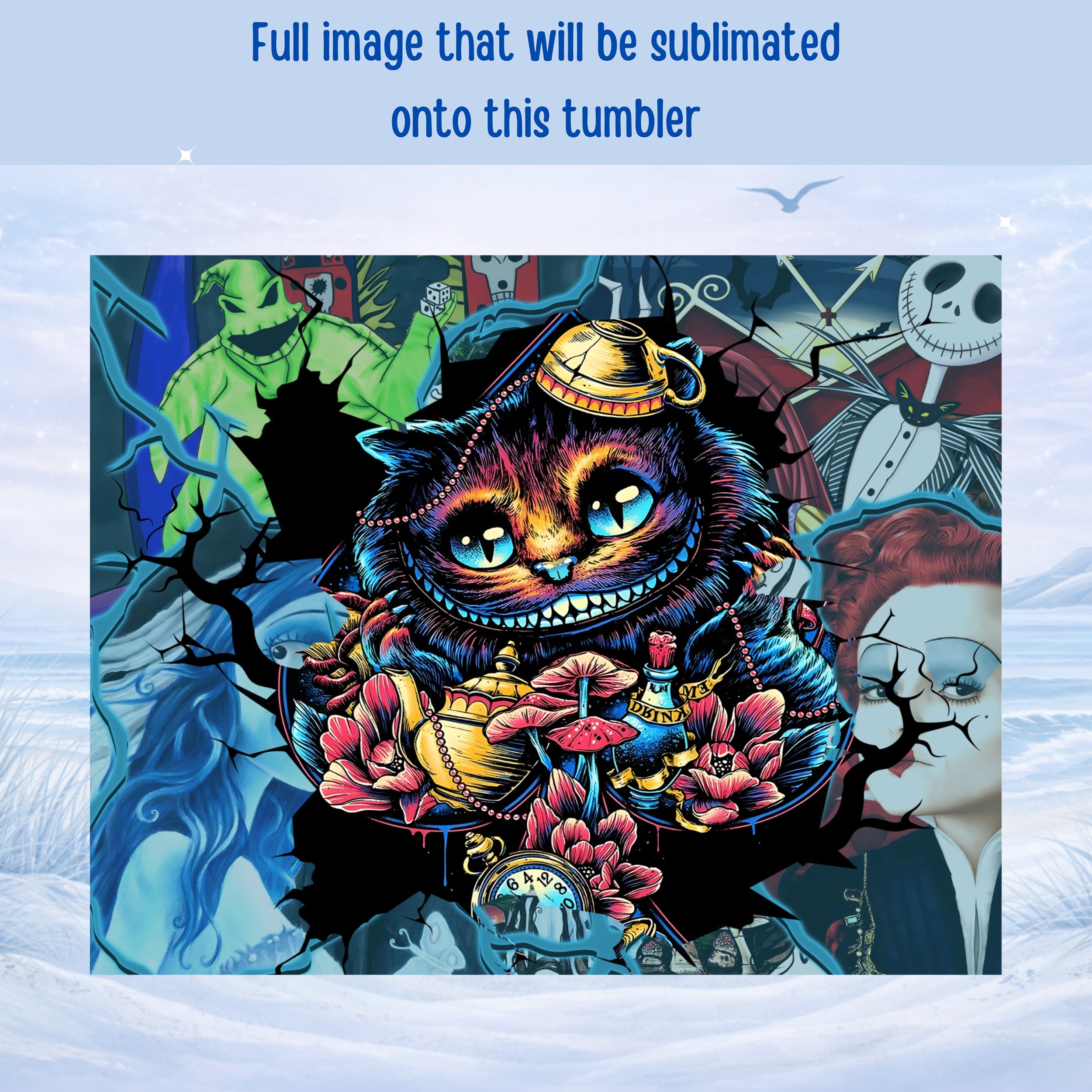 Whimsical cat with pocket watch and colorful flowers, surrounded by characters from Alice in Wonderland.