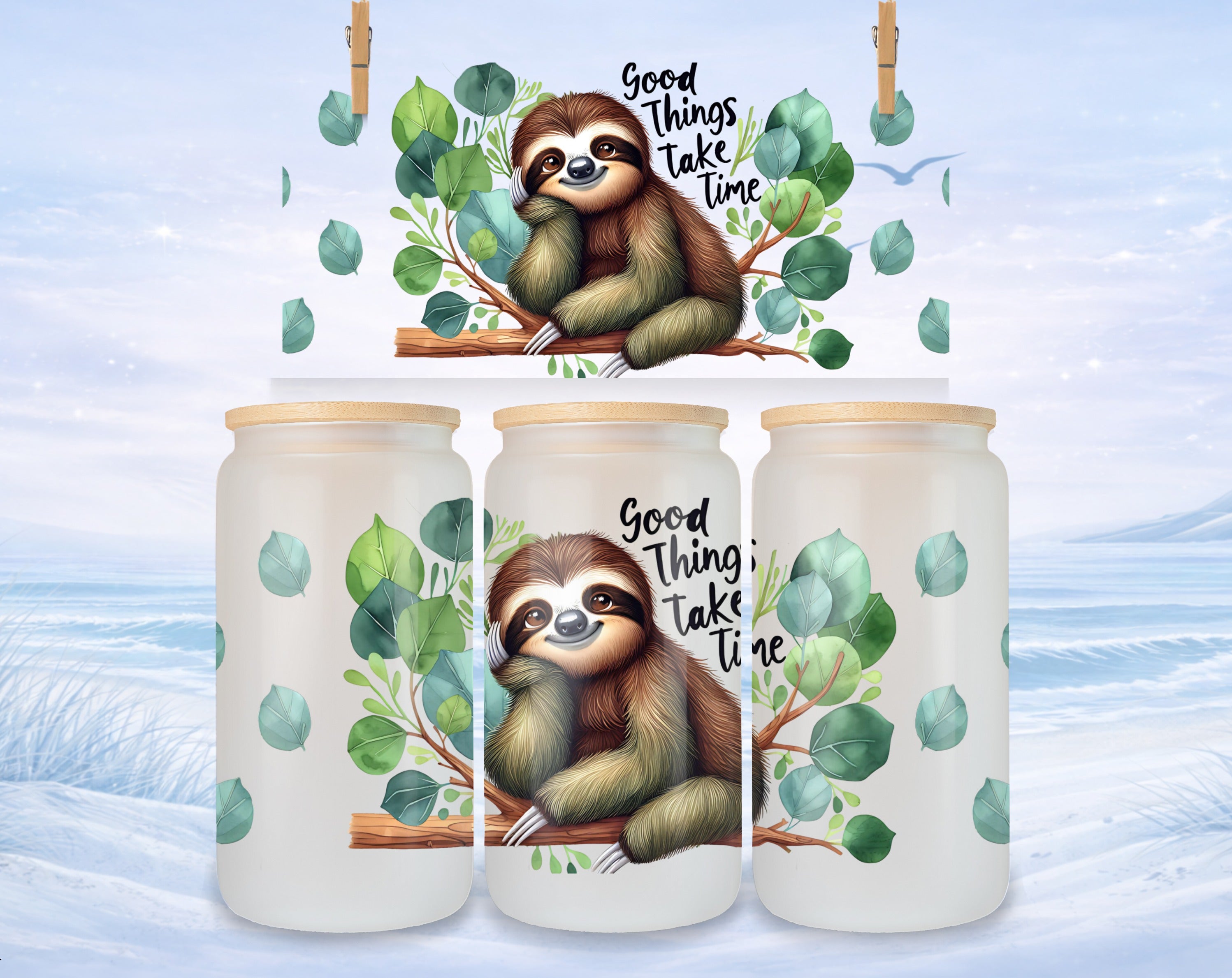 Sloth on branch with text "Good Things Take Time", on frosted tumbler.