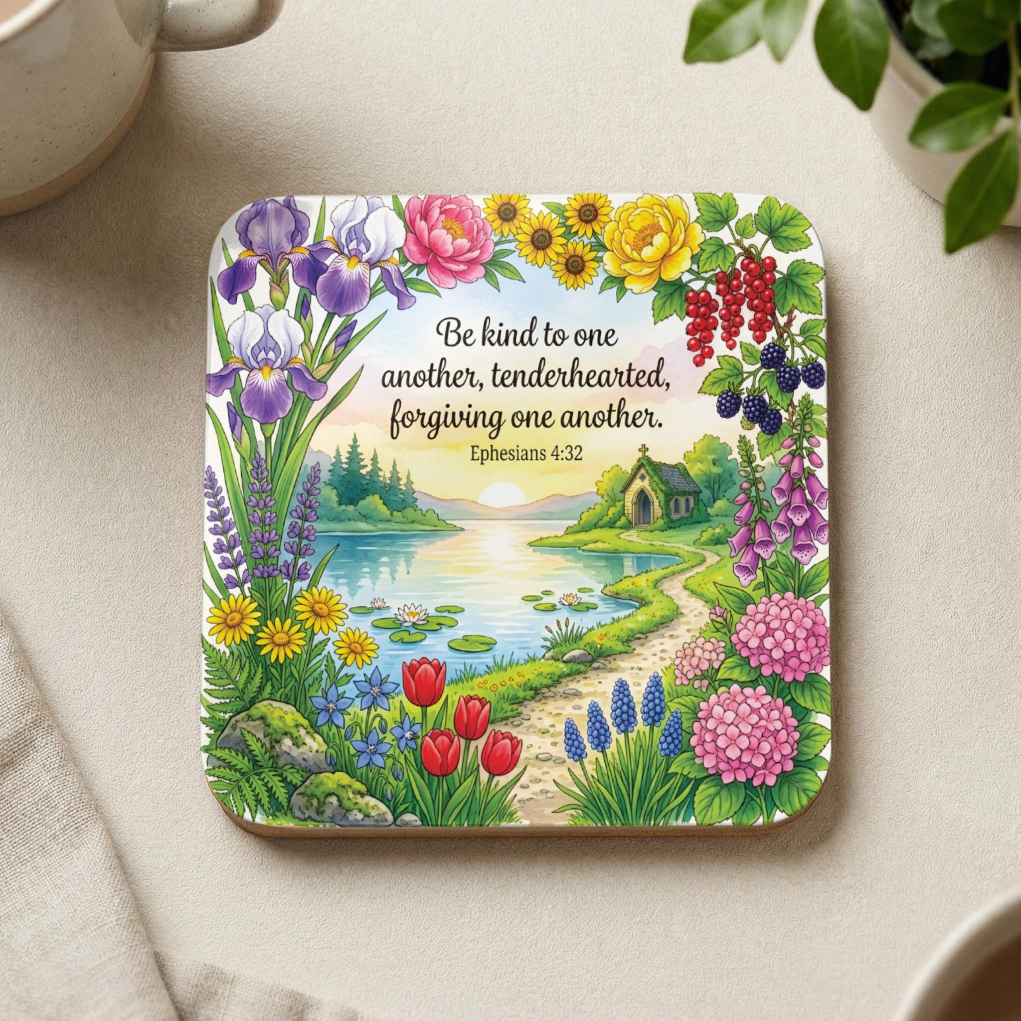Square coaster with a scenic landscape and Ephesians 4:3 quote.