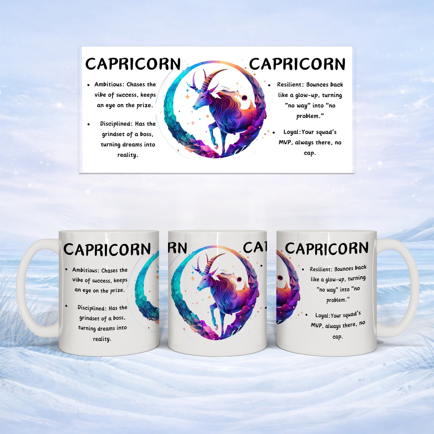 Capricorn mug with iridescent goat and zodiac traits described.