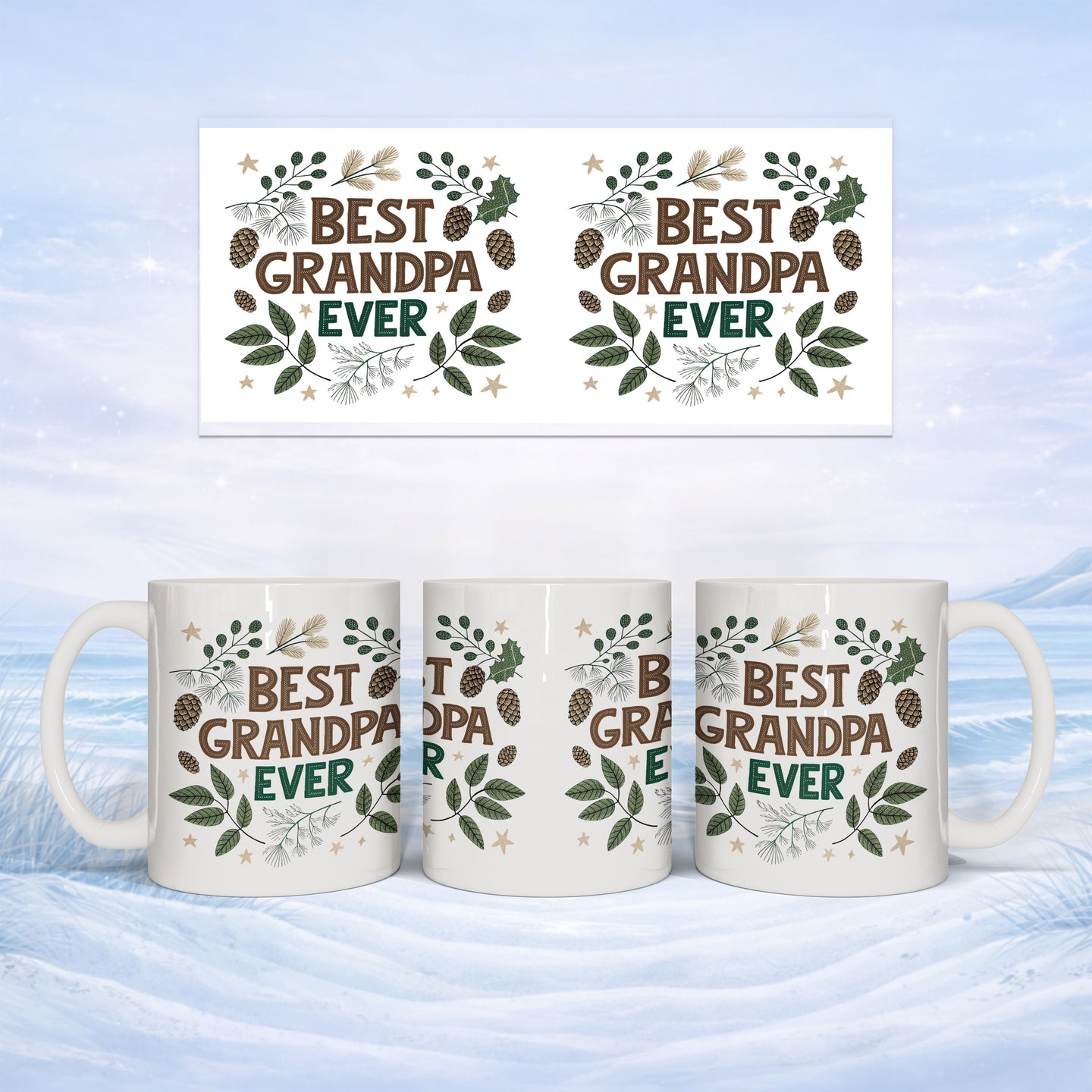 Mug with "Best Grandpa Ever" text surrounded by pine sprigs and stars.