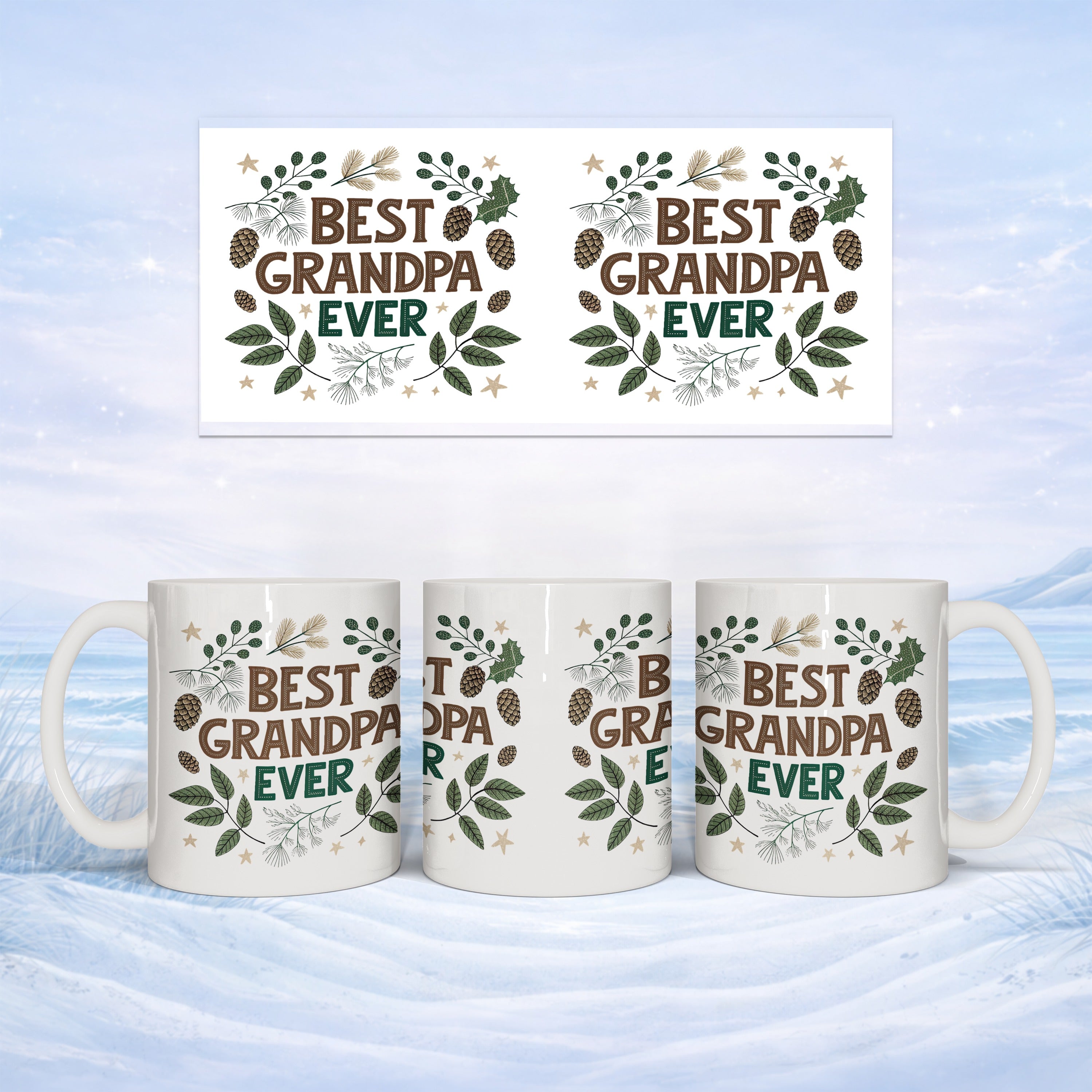 Mug with "Best Grandpa Ever" text surrounded by pine sprigs and stars.