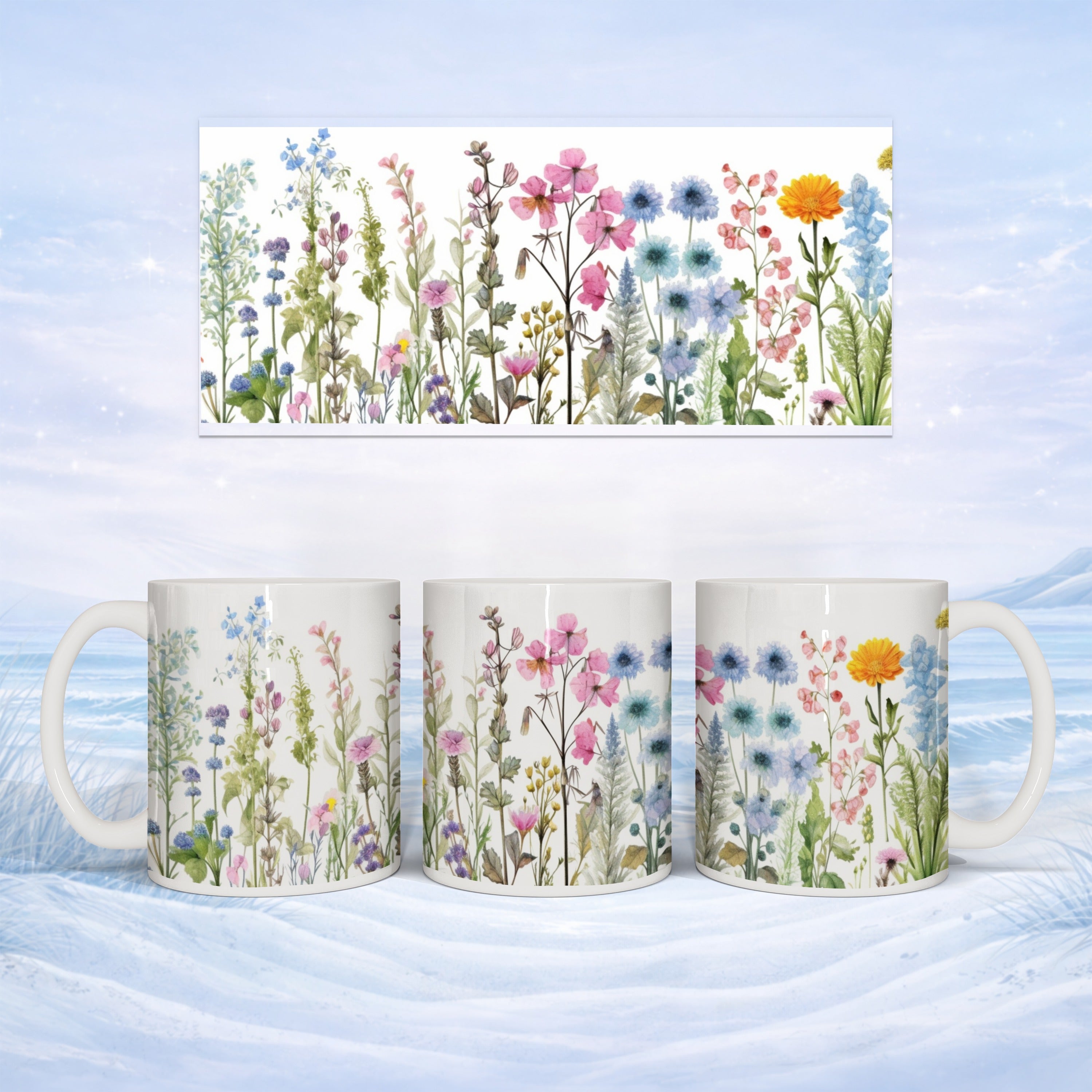 Mug trio with floral watercolor design, set against a snowy background.