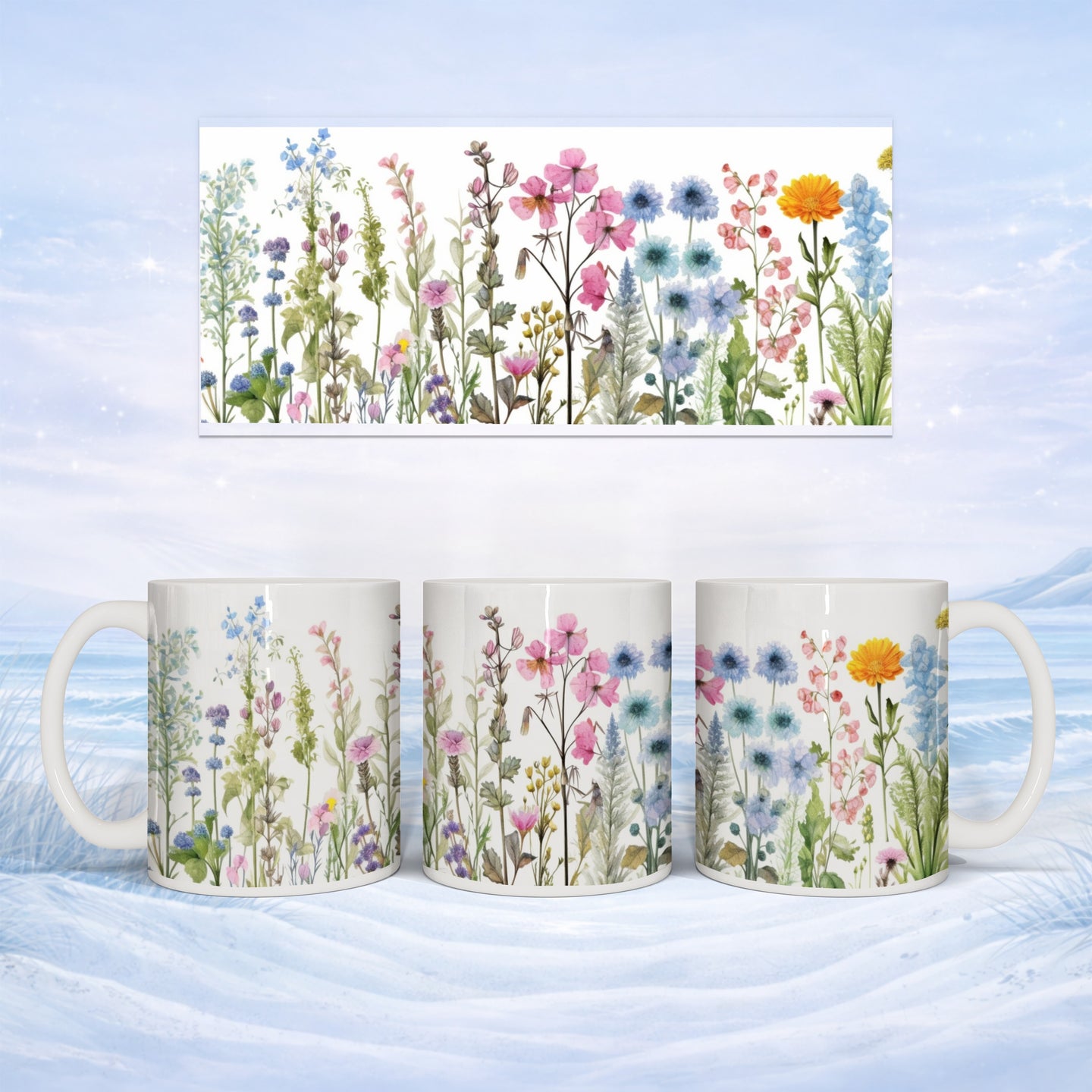 Mug trio with floral watercolor design, set against a snowy background.