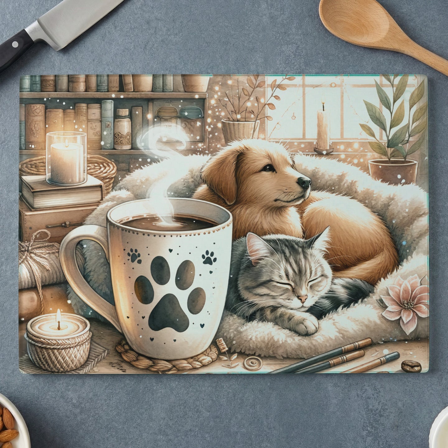 Mug with paw print next to sleeping dog and cat in cozy setting.