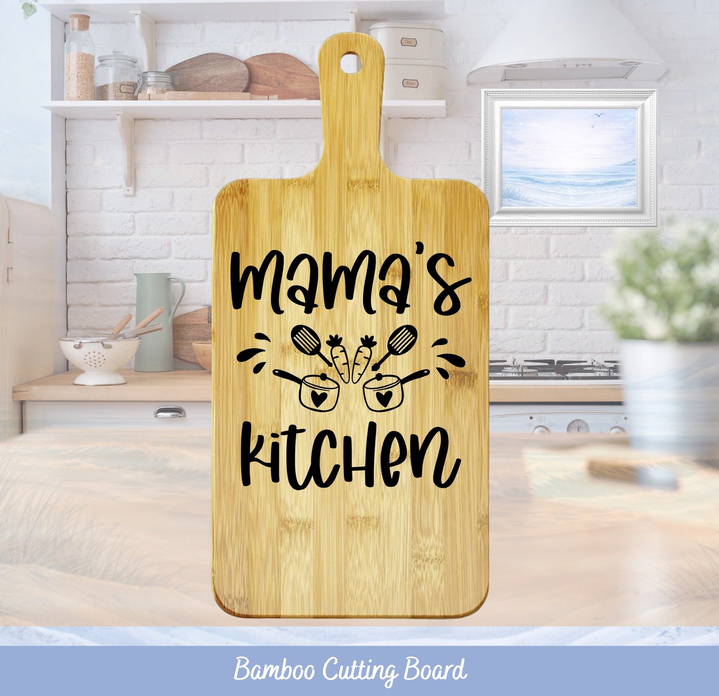Bamboo cutting board with "Mama's Kitchen" text and carrot and whisk illustration.