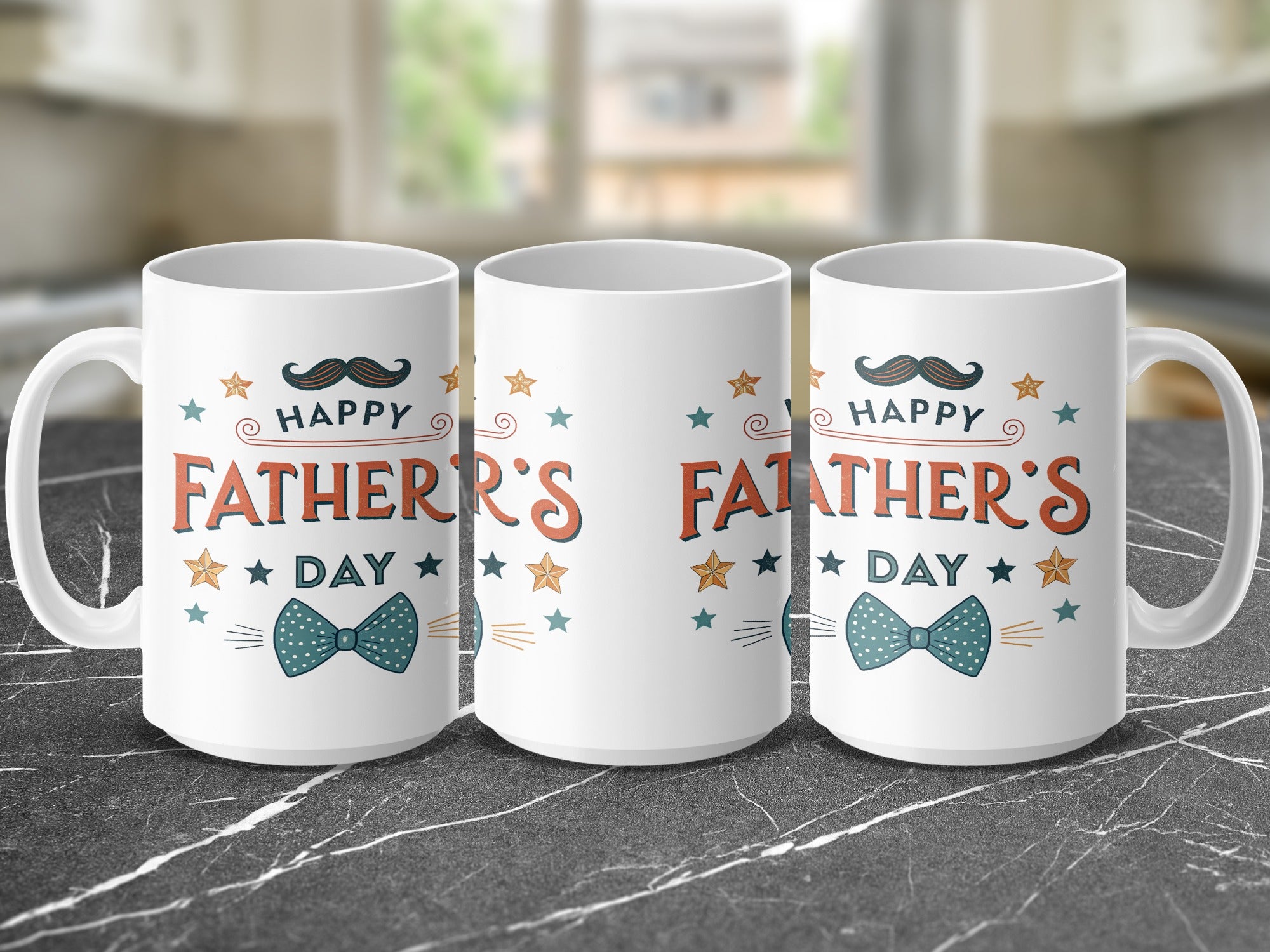 Three white mugs with "Happy Father's Day" and a bowtie design.