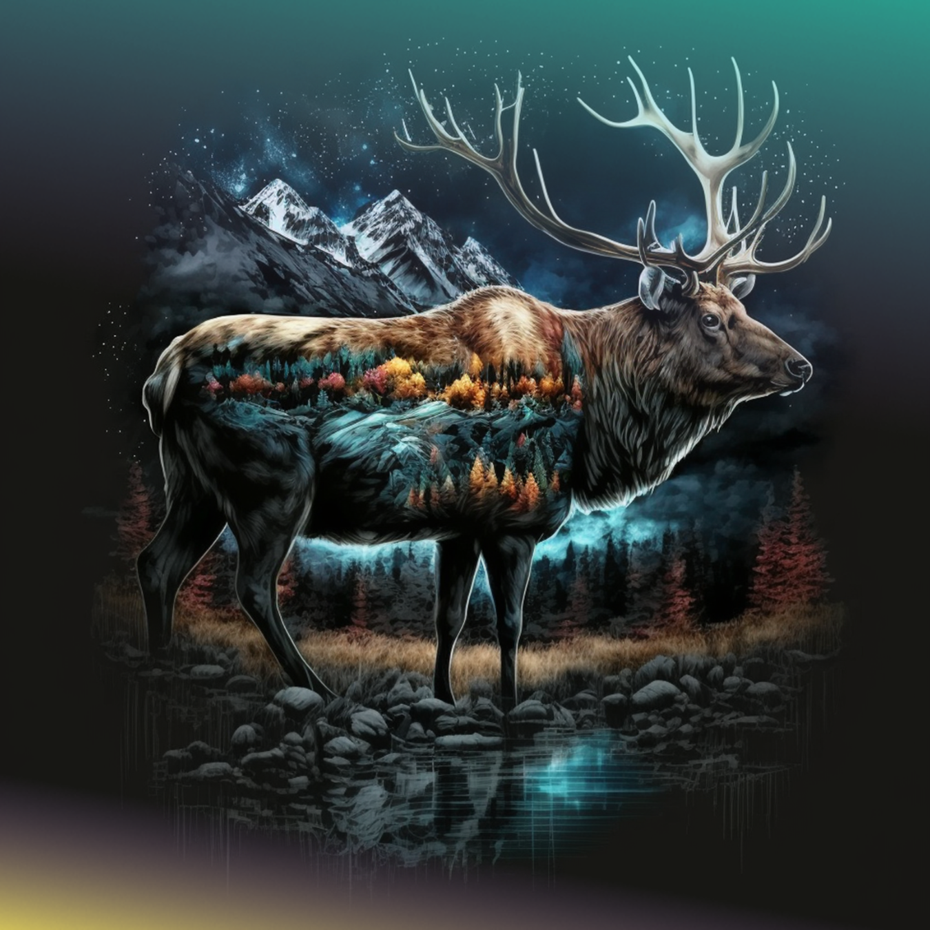 Majestic elk with a forest landscape and mountains within its body.