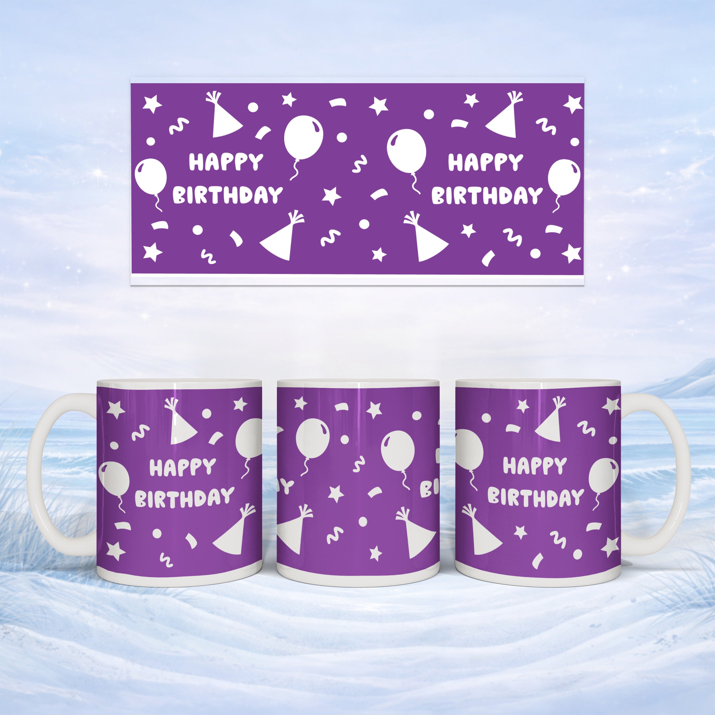 Purple mug with white confetti, balloons, and "Happy Birthday" text.