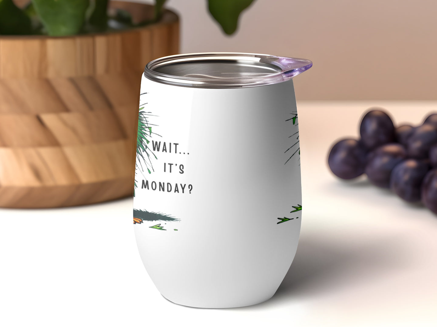 White wine tumbler with "Wait... It's Monday?" text and cartoon frog.