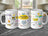 Three mugs decorated with colorful birthday messages and whimsical illustrations of stars and suns.