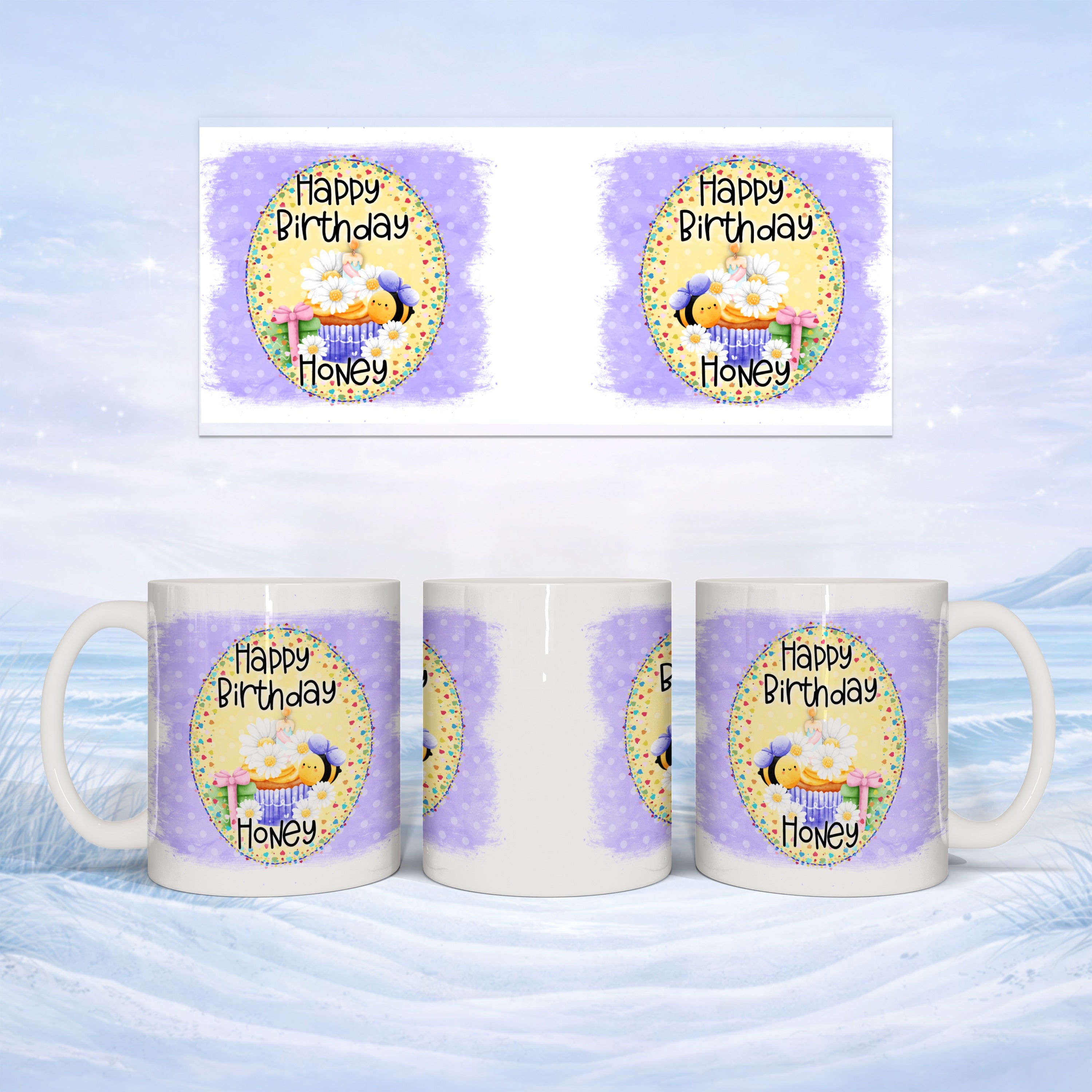 Mug with bees, flowers, and "Happy Birthday Honey" text.