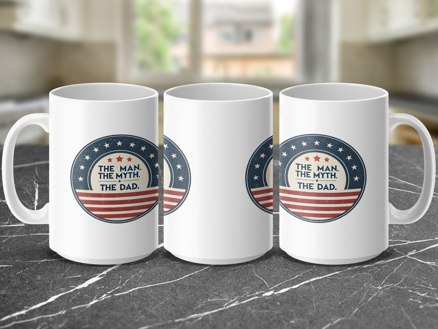 Three white mugs with "The Man, The Myth, The Dad" text on patriotic circular designs.