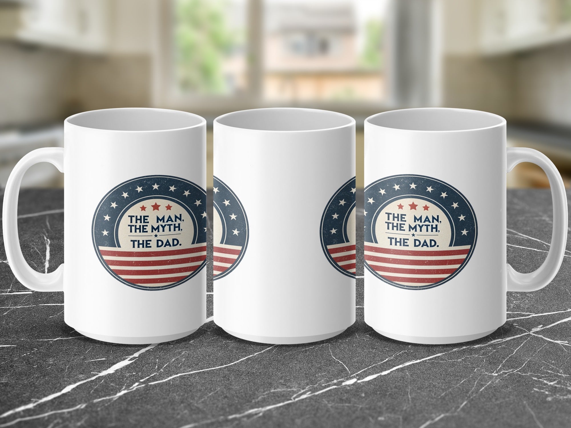 Three white mugs with "The Man, The Myth, The Dad" text on patriotic circular designs.