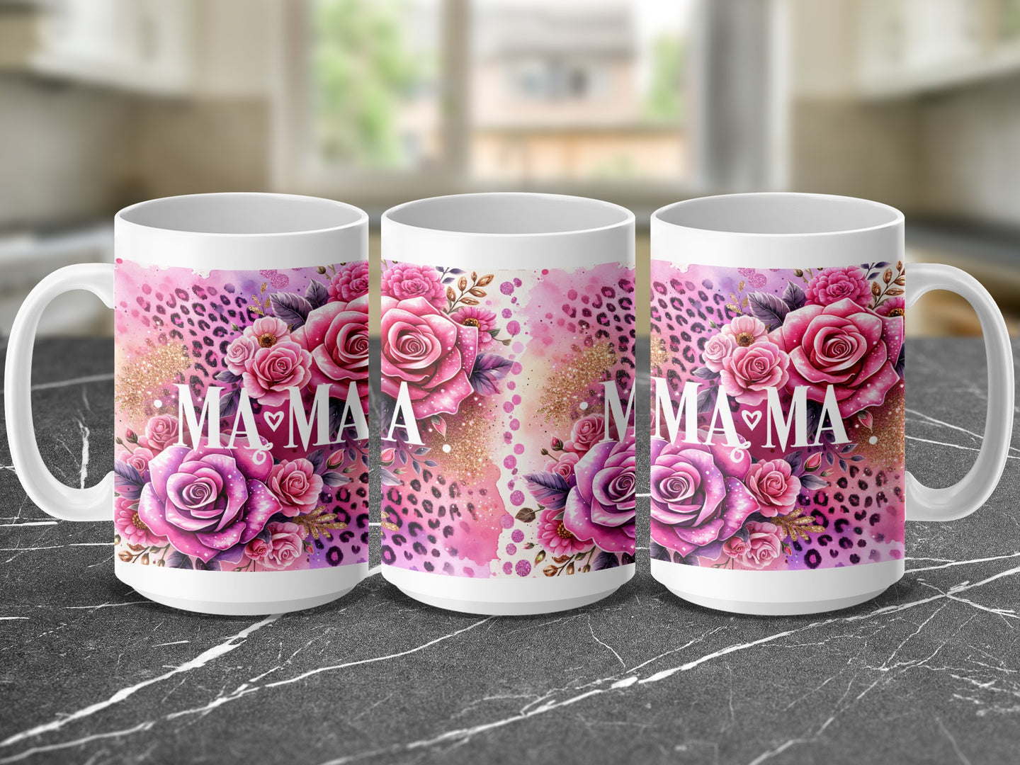 White mug with pink roses and leopard print saying "MAMA".