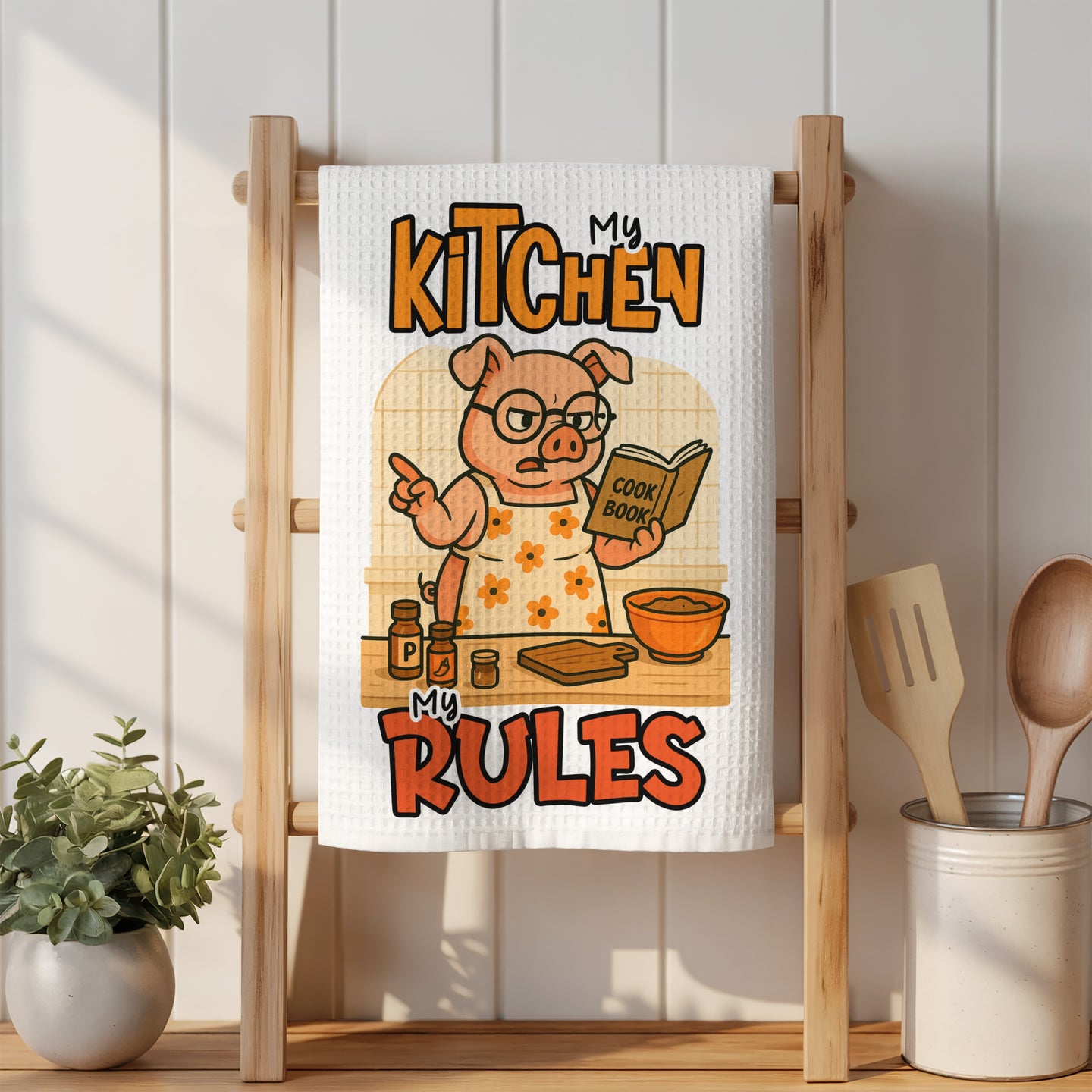 Cartoon pig wearing glasses and apron holding a cookbook titled "My Rules".