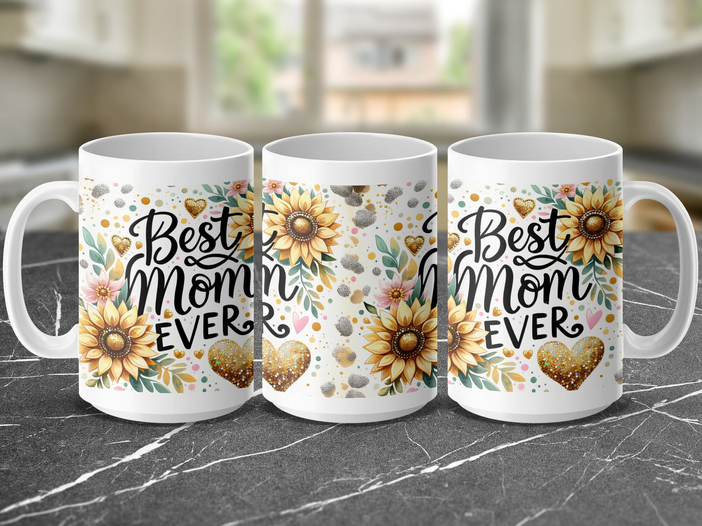 White mug with "Best Mom Ever" and sunflowers design.