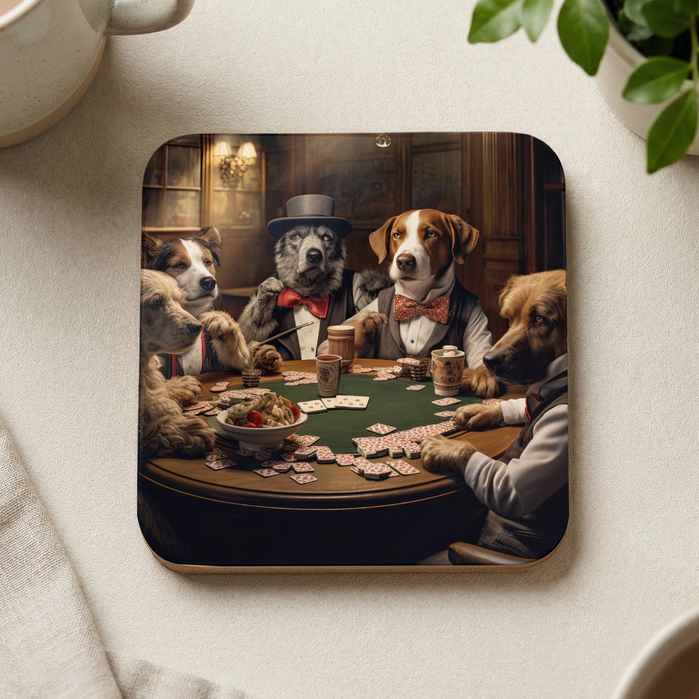 Dogs in formal wear play poker around a green felt table.