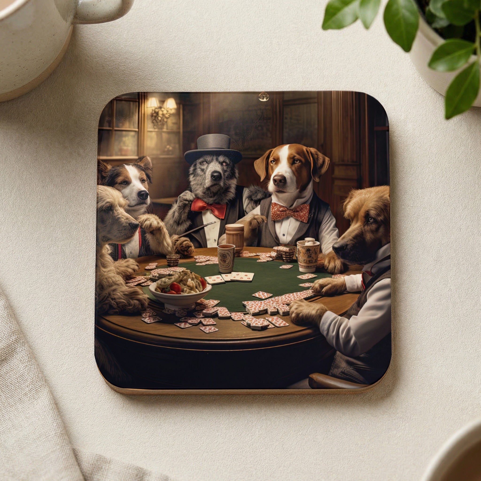 Dogs in formal wear play poker around a green felt table.