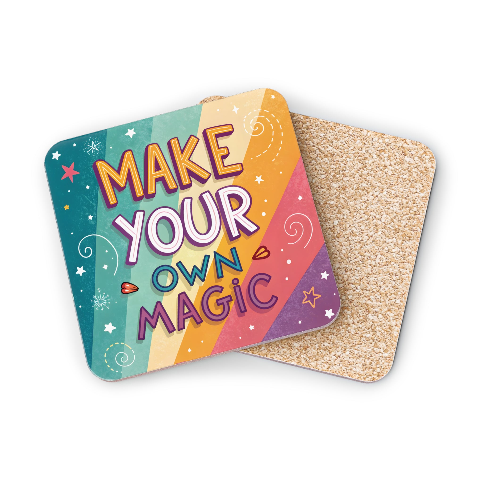 Coasters with "MAKE YOUR OWN MAGIC" text and rainbow pattern.