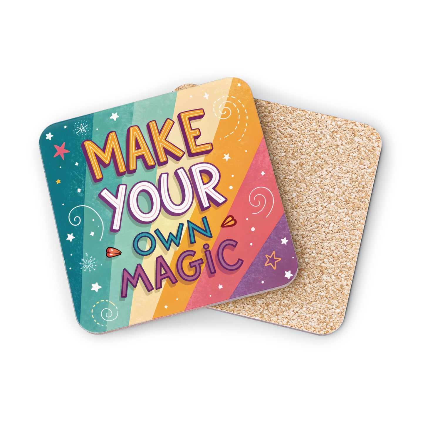 Coasters with "MAKE YOUR OWN MAGIC" text and rainbow pattern.