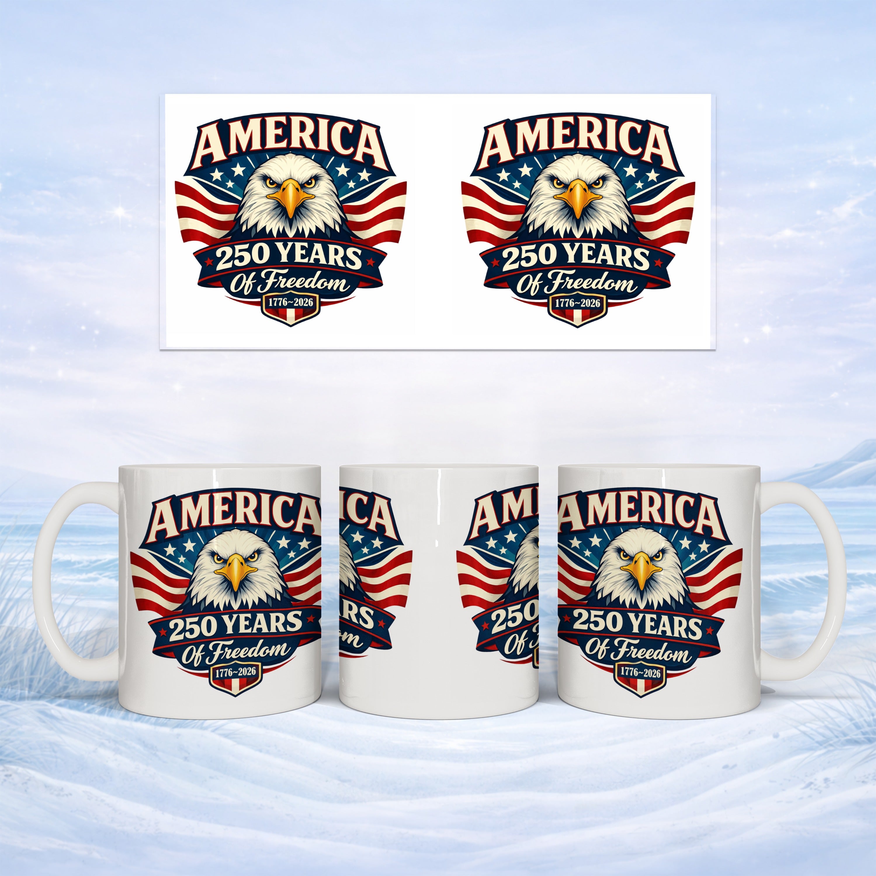 White mugs with "America 250 Years Of Freedom 1776-2026" eagle logo.