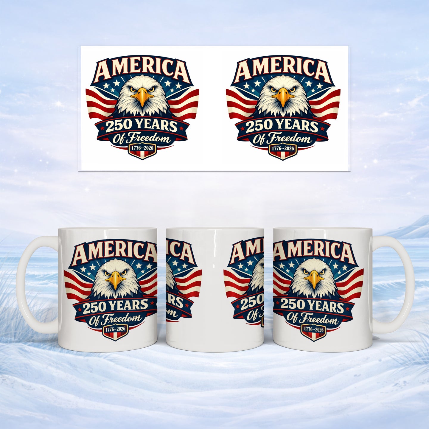White mugs with "America 250 Years Of Freedom 1776-2026" eagle logo.