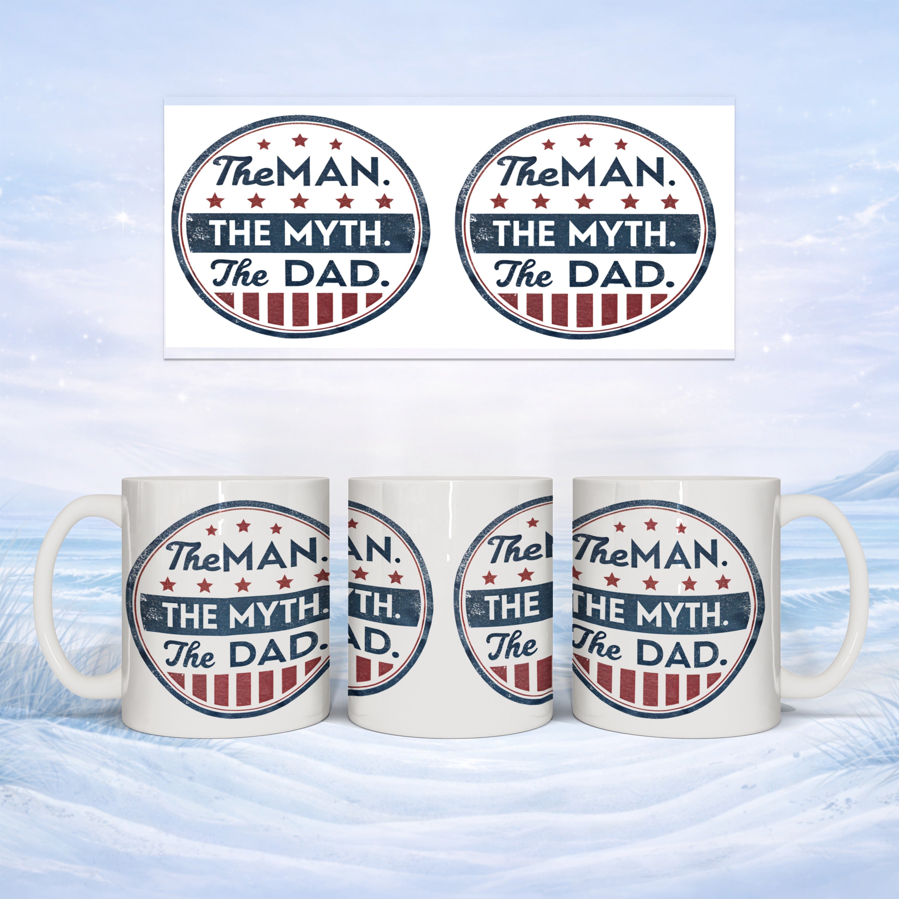 Mug with "The Man. The Myth. The Dad." text and star graphics.