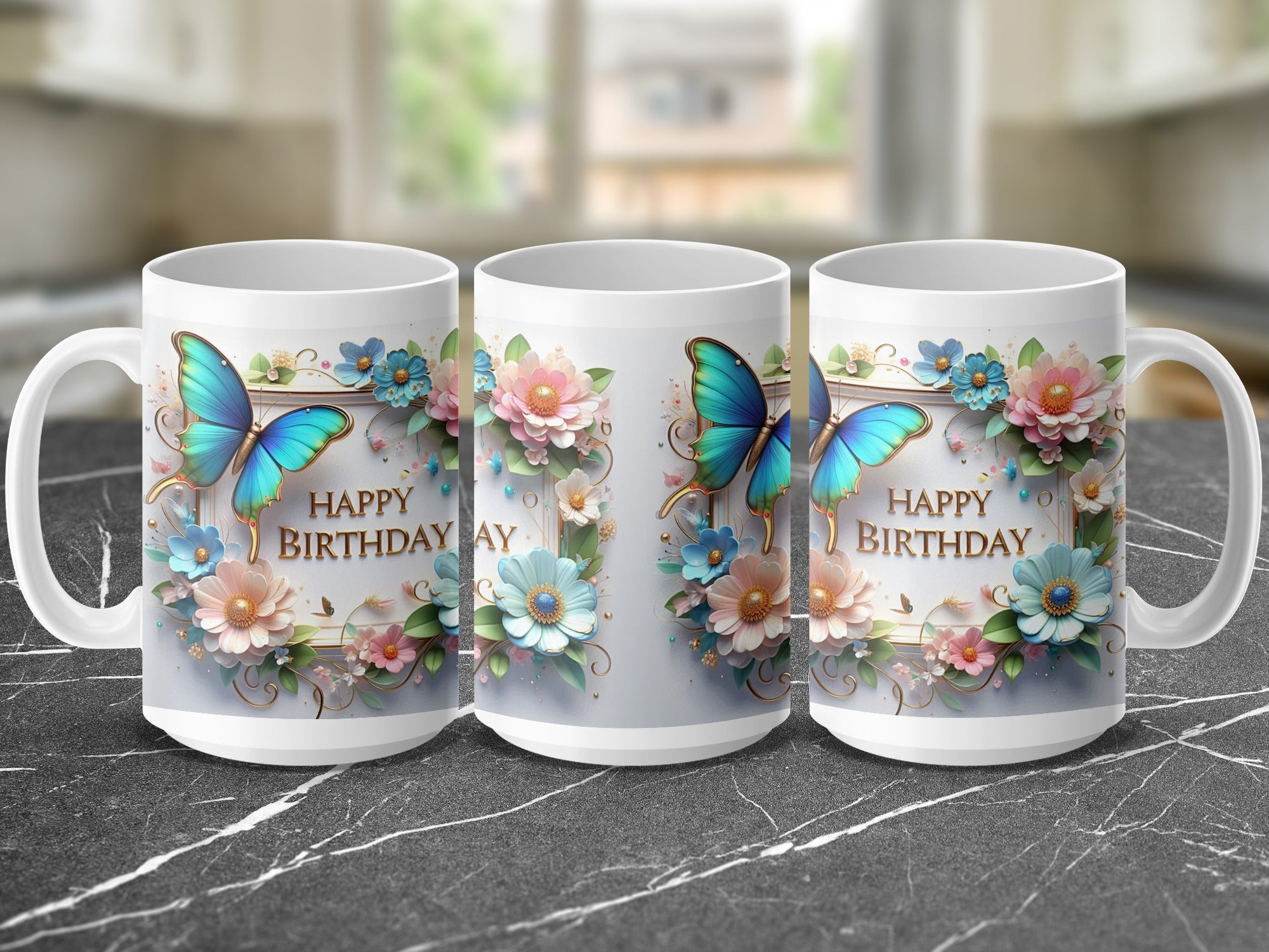 Three white mugs with "Happy Birthday" text and floral, butterfly designs.