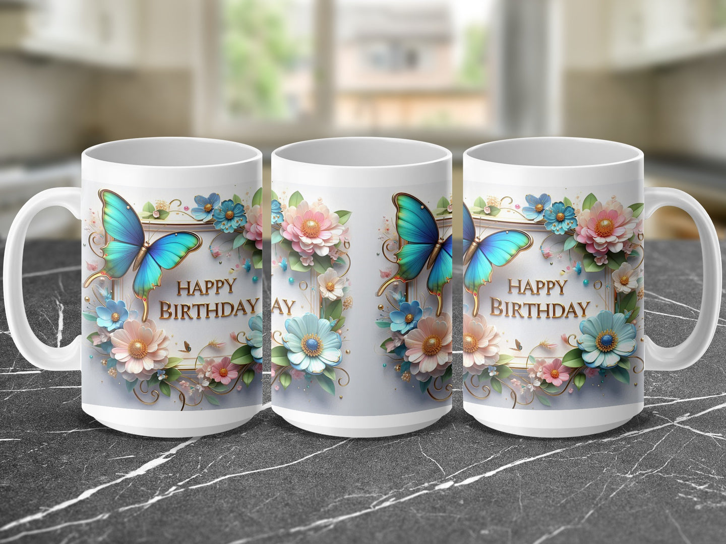 Three white mugs with "Happy Birthday" text and floral, butterfly designs.