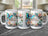 Three white mugs with "Happy Birthday" text and floral, butterfly designs.
