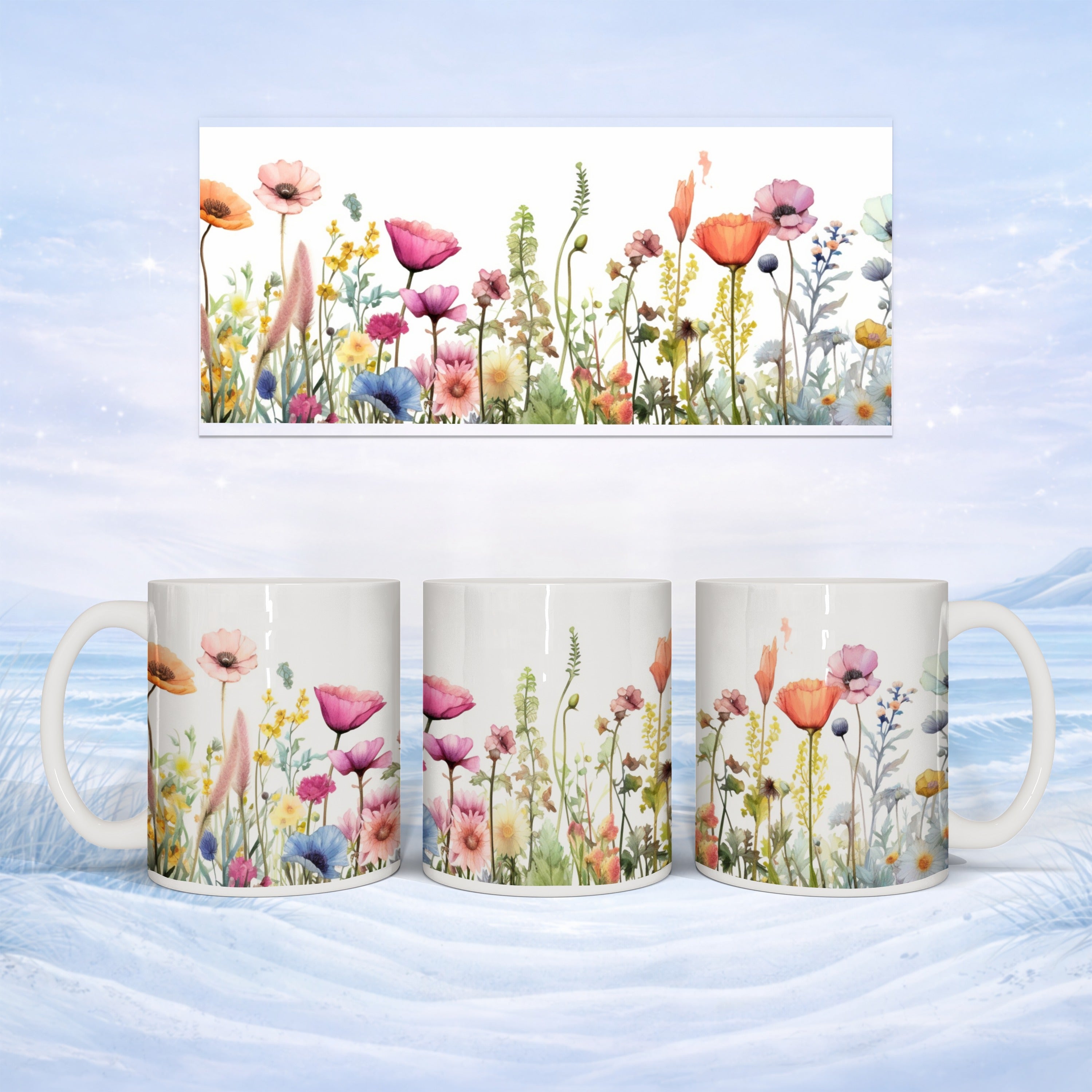 Floral pattern mug set with watercolor wildflowers on a snowy background.
