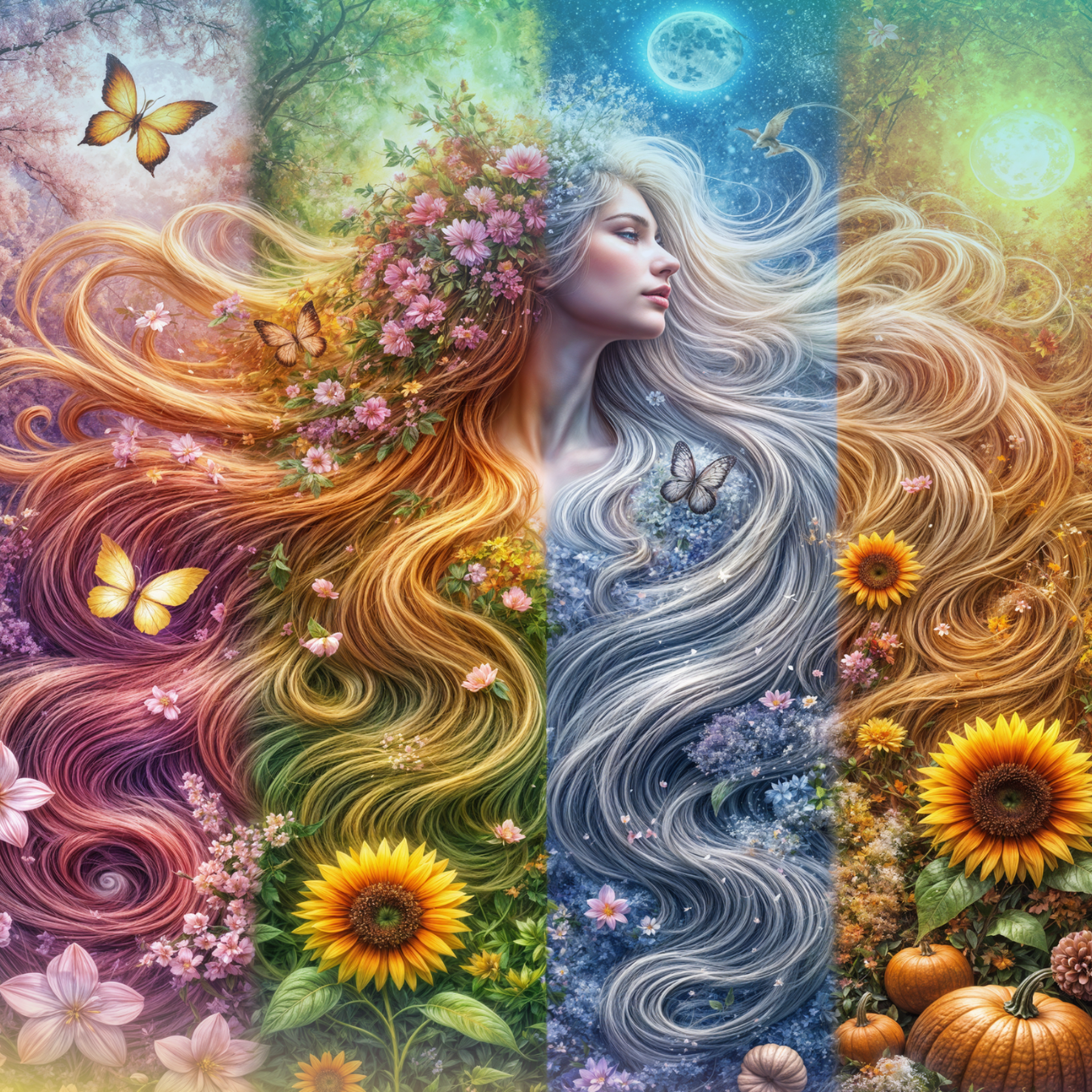 Woman with flowing hair divided into summer and winter, with butterflies and flowers.