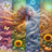 Woman with flowing hair divided into summer and winter, with butterflies and flowers.