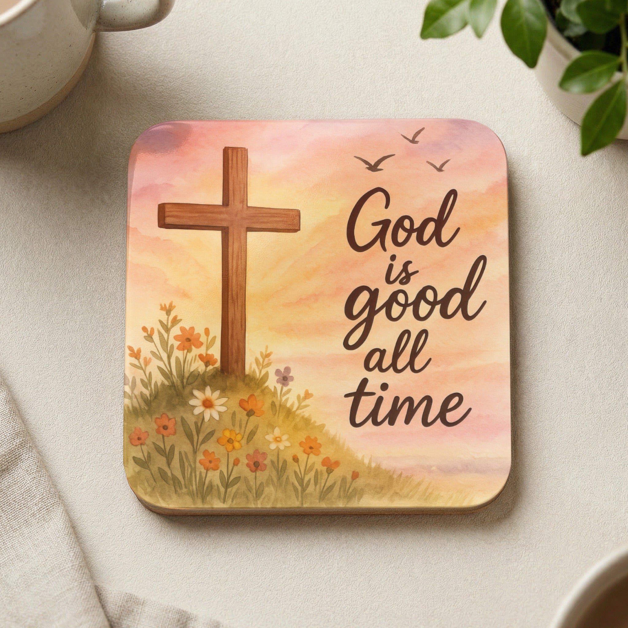 Wooden coaster with a cross, flowers, and "God is good all time" text.