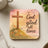 Wooden coaster with a cross, flowers, and "God is good all time" text.