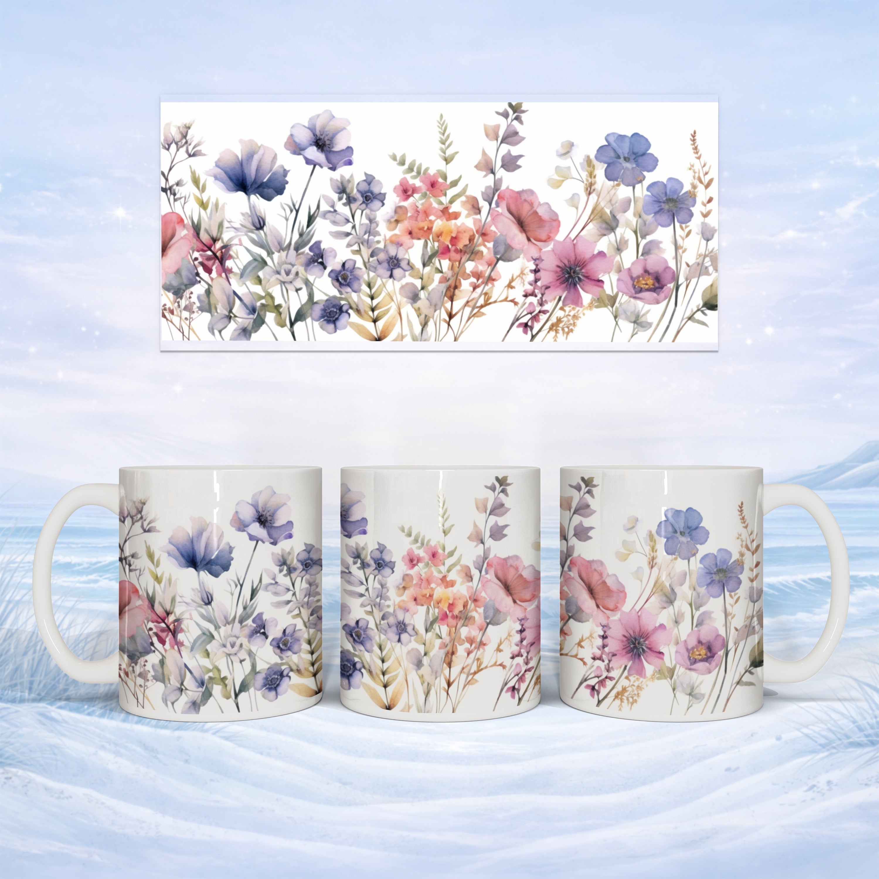 Mug featuring a watercolor floral pattern against a snowy landscape.