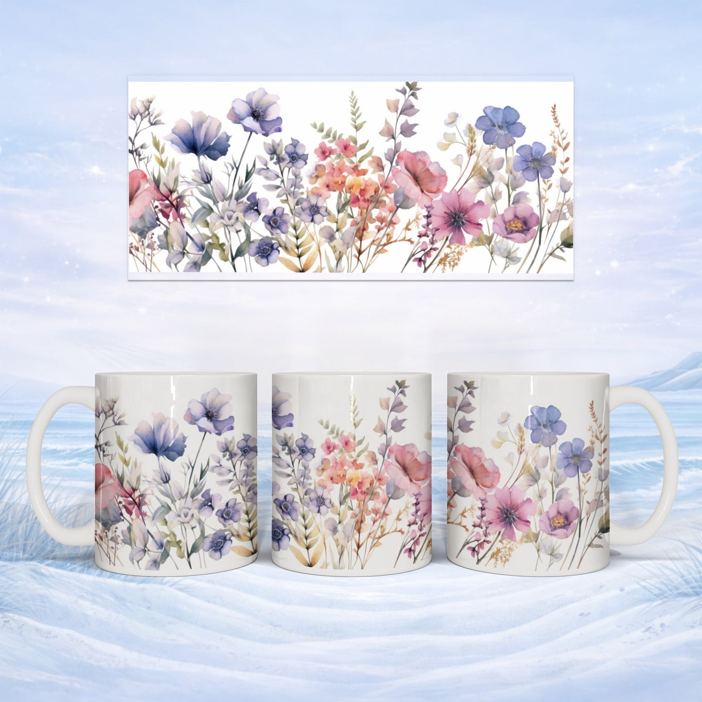Mug featuring a watercolor floral pattern against a snowy landscape.