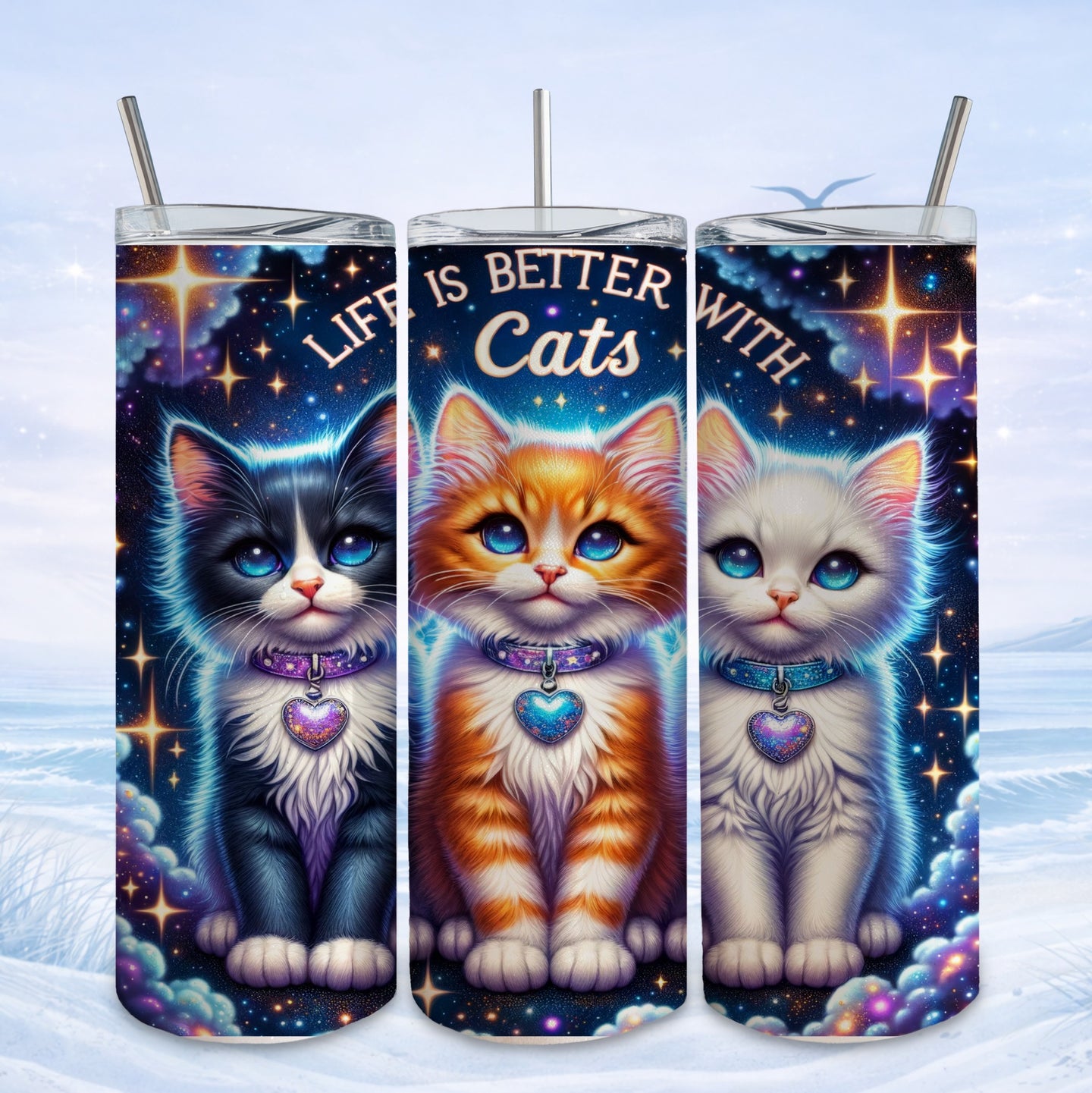 Three kittens with glowing stars, on a tumbler that says "Life is Better with Cats".