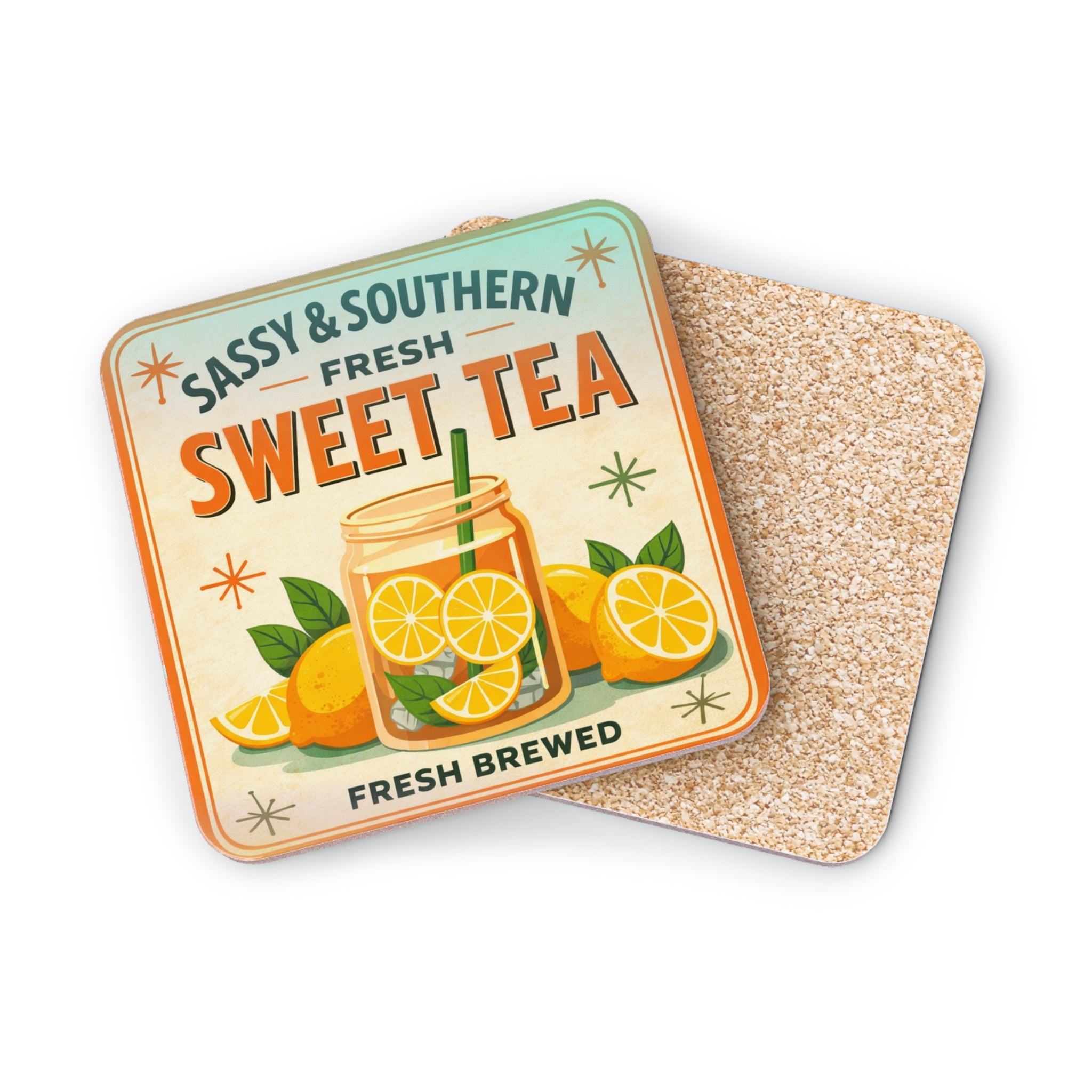 Sassy & Southern Fresh Brewed Sweet Tea coaster with oranges and a mason jar.