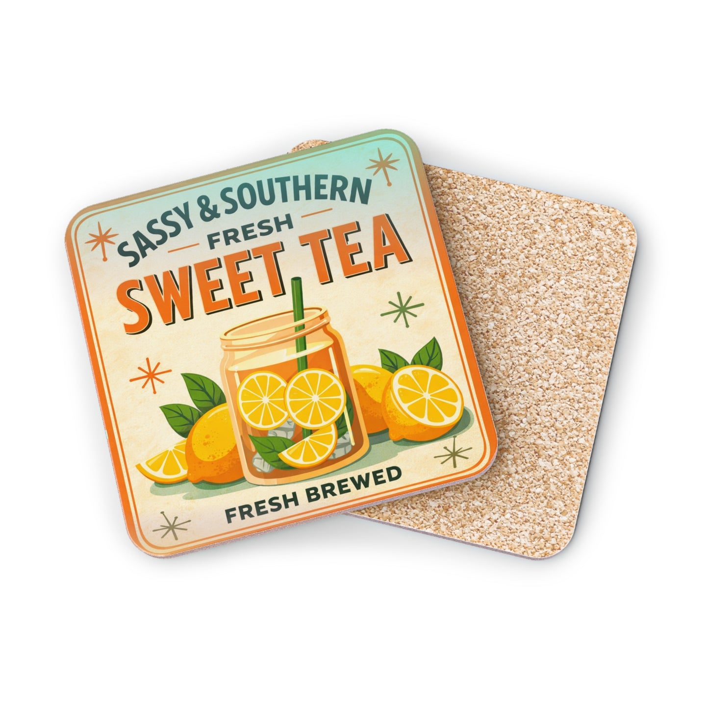 Sassy & Southern Fresh Brewed Sweet Tea coaster with oranges and a mason jar.