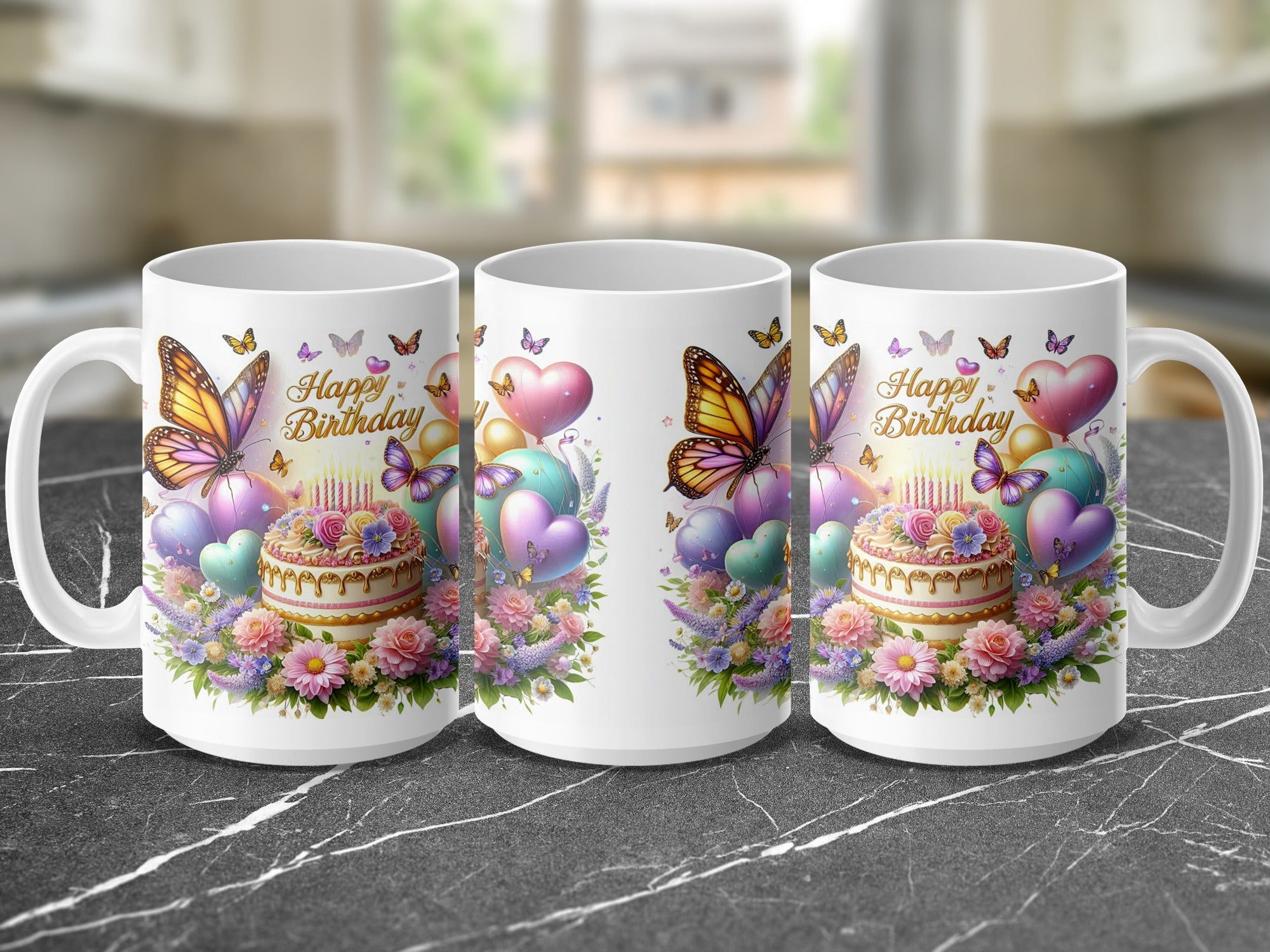 Three mugs featuring a birthday cake, butterflies, and balloons.