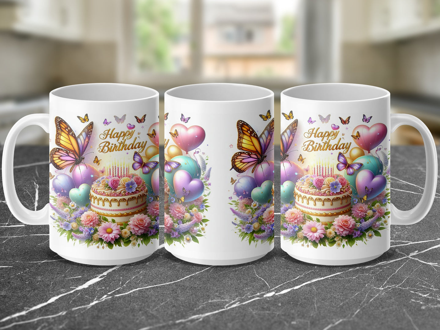 Three mugs featuring a birthday cake, butterflies, and balloons.