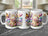 Three mugs featuring a birthday cake, butterflies, and balloons.