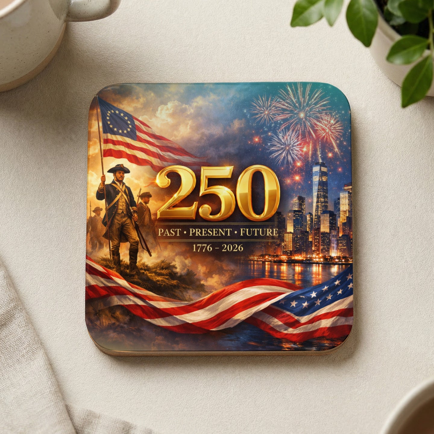 Coaster with 250 Past, Present, Future design featuring colonial soldier, American flag, and NYC skyline.