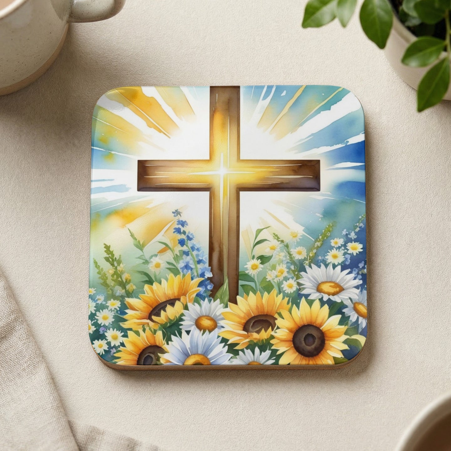 Cross with sunflowers and daisies under bright sunbeams.