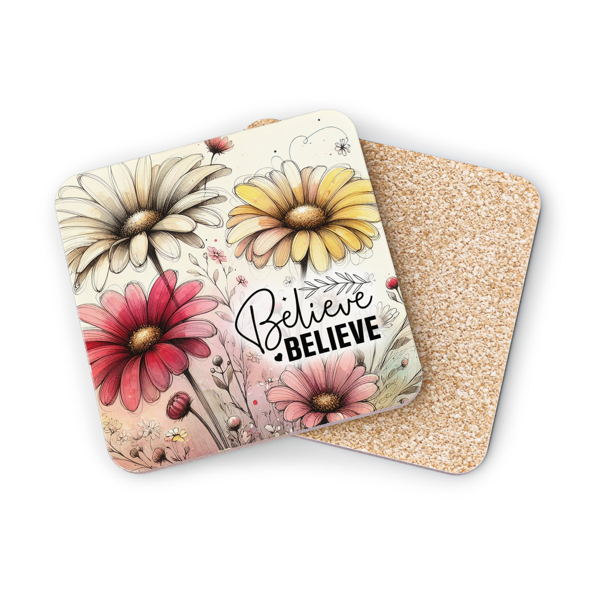 Floral coasters with "Believe" text against cork backing.