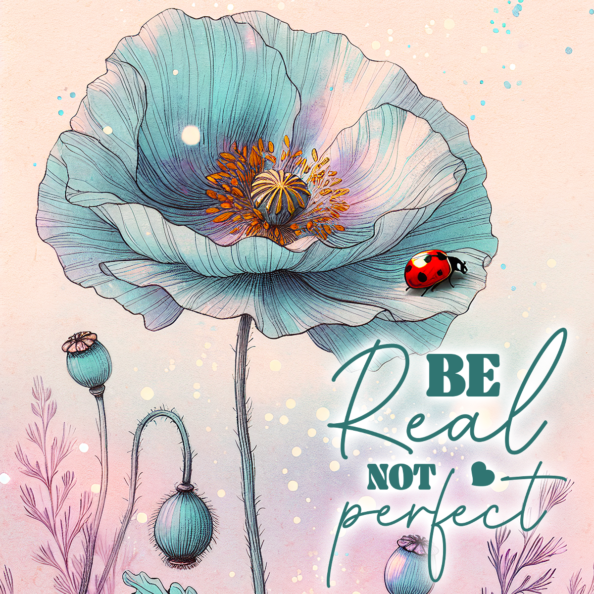 Light blue poppy with ladybug and text "BE Real not perfect".