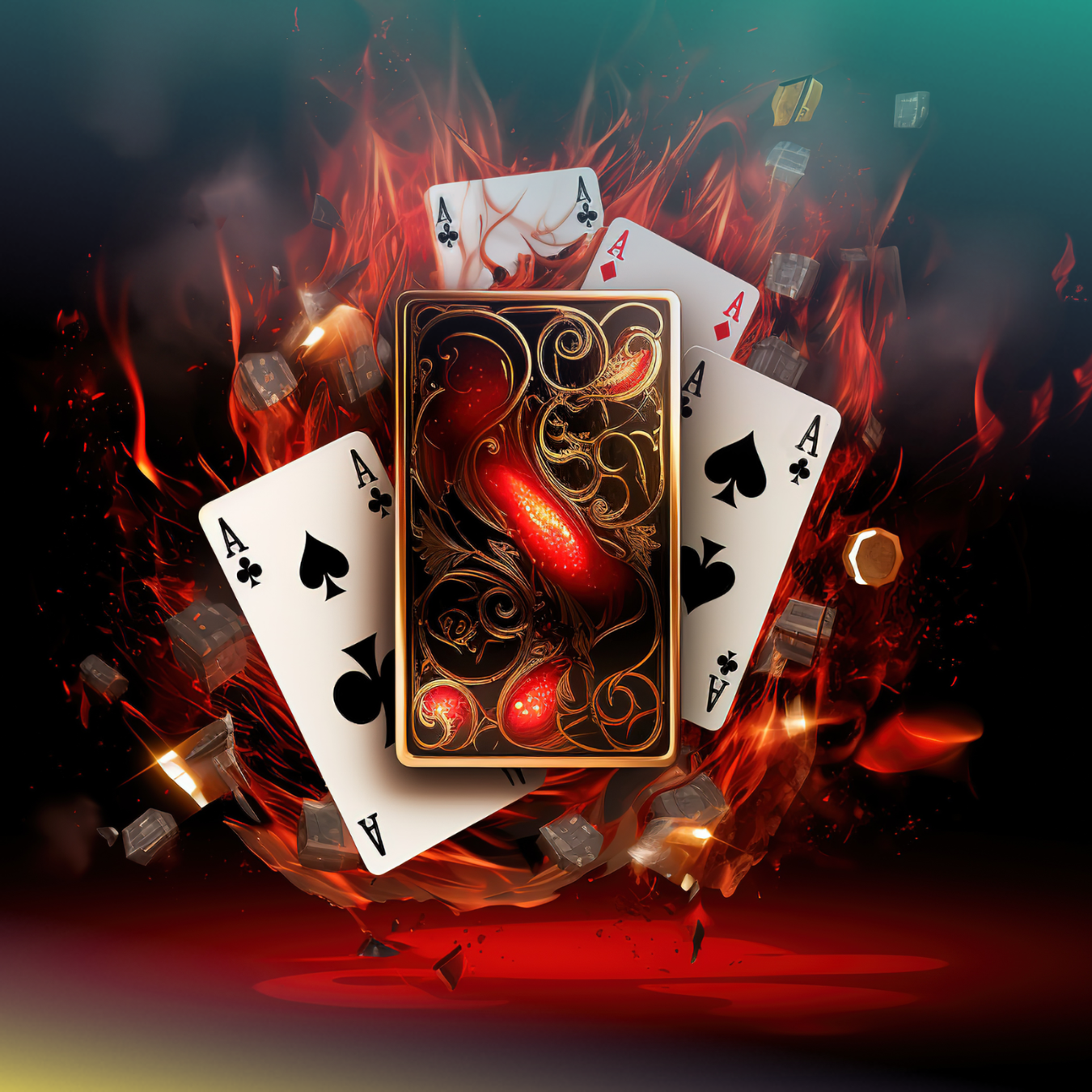 Four Aces playing cards with a detailed ornate card in the center, surrounded by fire and shards.
