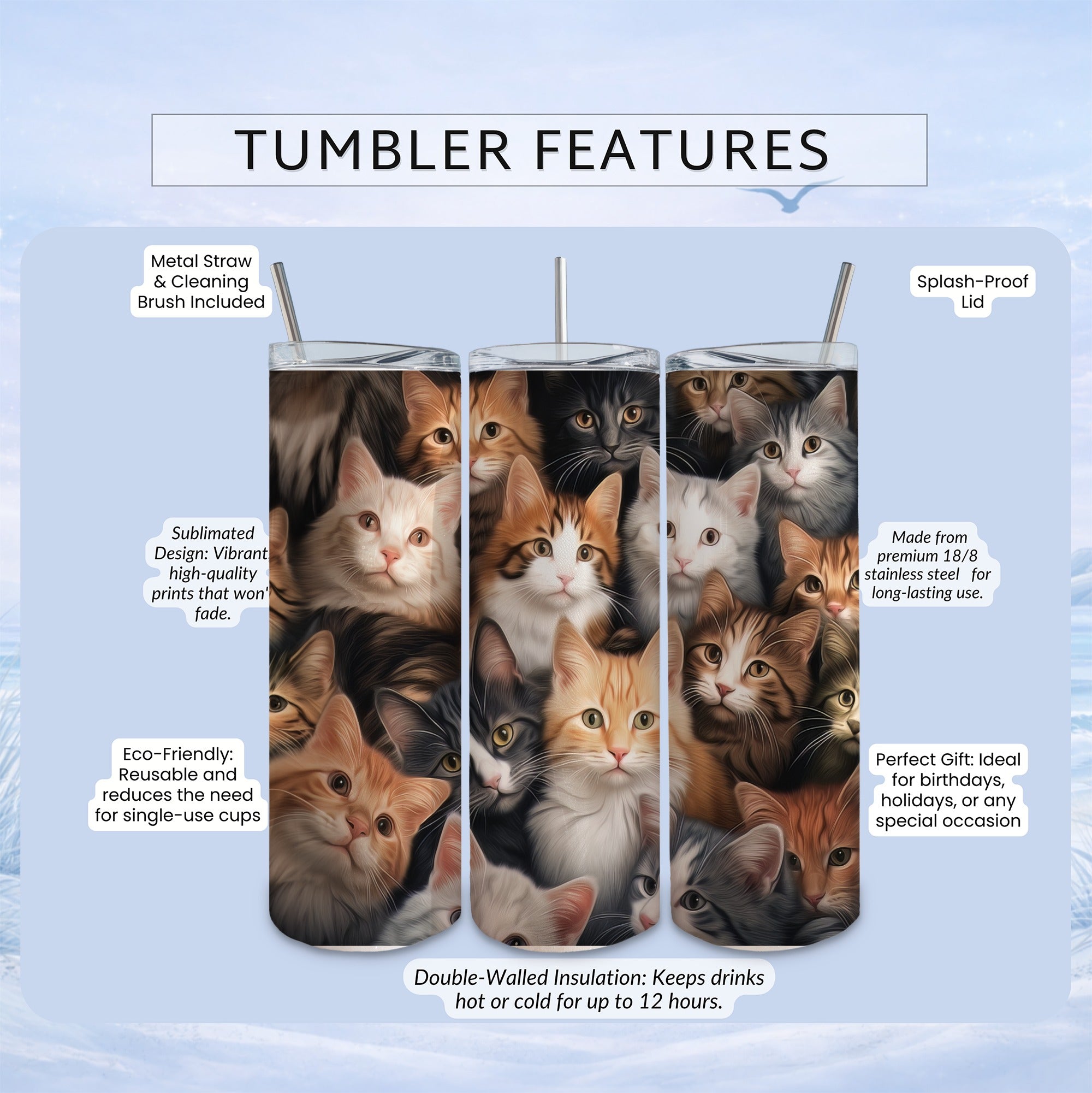 Tumbler with a collage of colorful kittens and text detailing features.